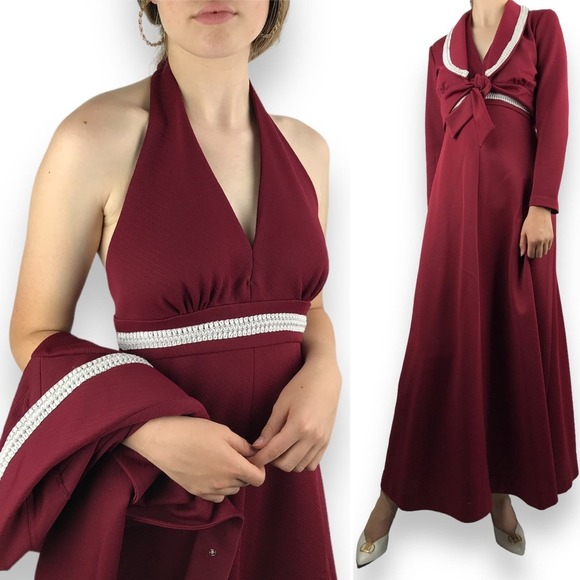 1960s custom made A-line halter maroon hippie dress with matching cropped jacket - Picture 4 of 16